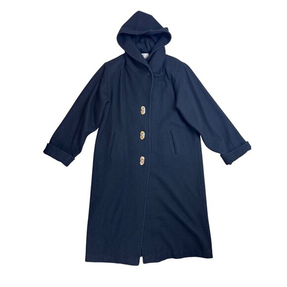 Vintage Billi by Billycoat Long Black Wool Overcoat Hooded Heavy Made in USA XL - Picture 2 of 16